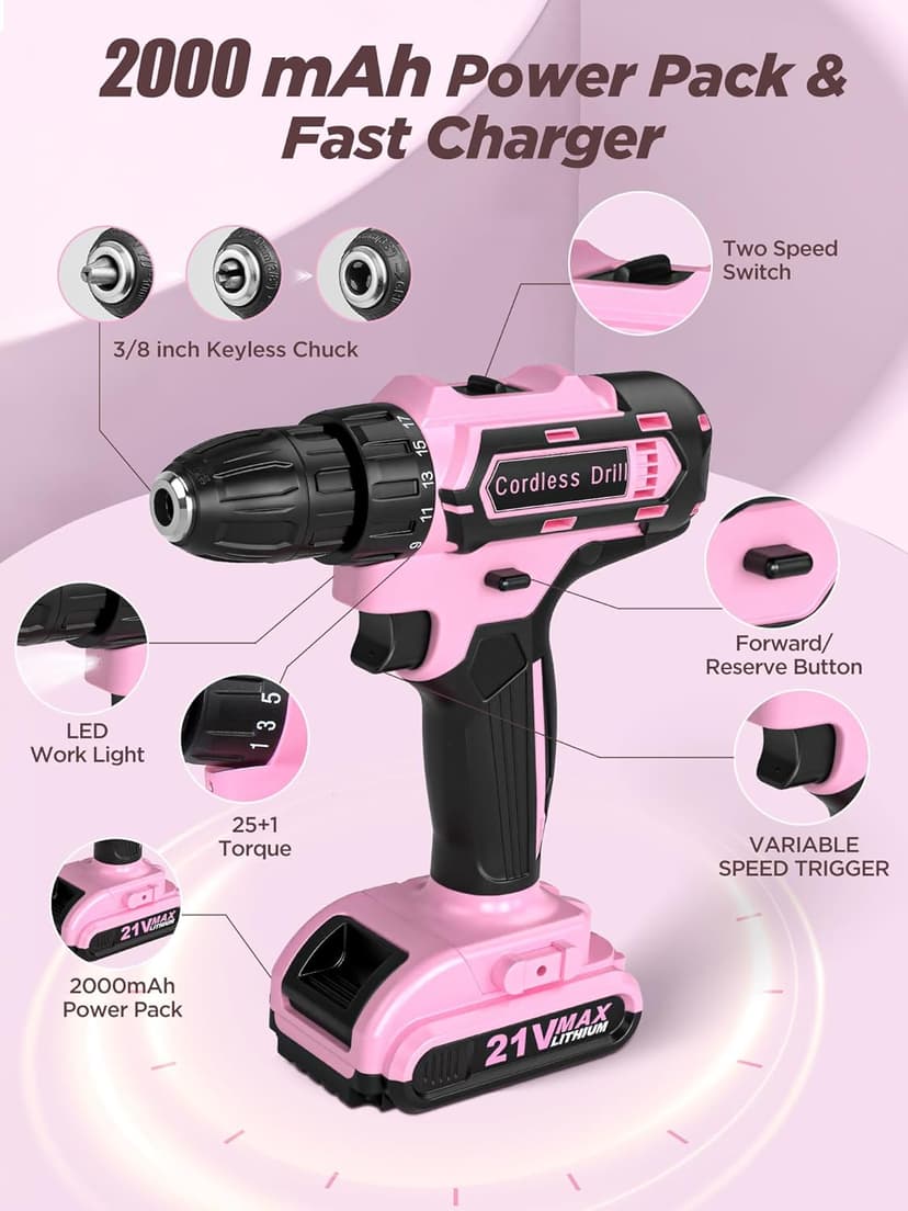 Pink Cordless Drill Set 142 Pcs, 21V Pink Power Drill Tool Set Kit with Storage Bag, Electric Drill Set for Women, Precision Screwdriver set, Magnetic Wristband, for Home DIY Projects