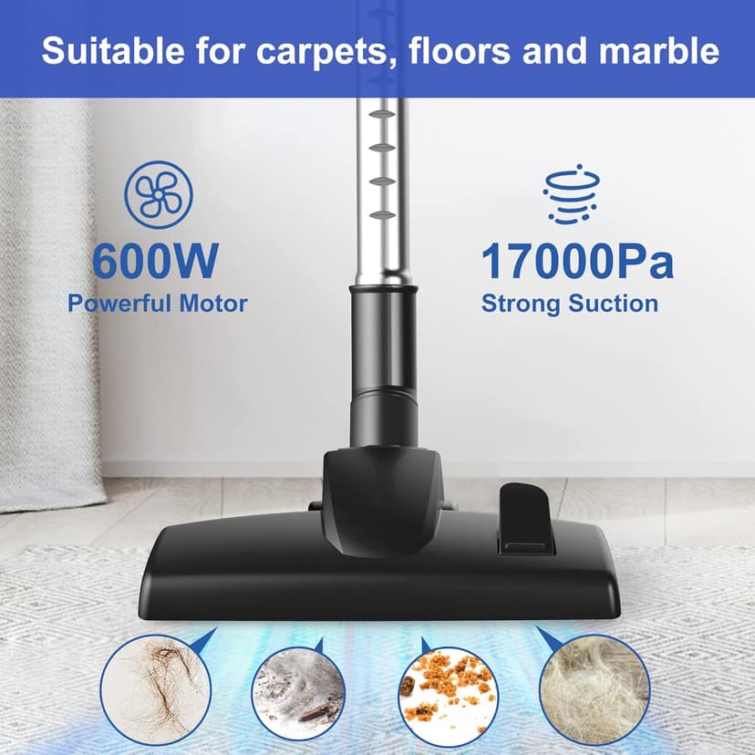 Intercleaner Corded Vacuum Cleaner, 17KPa Powerful Suction with 600W Motor, 10 in 1 Lightweight Bagless Stick Vac with Handheld, Ultra Quiet, for Hardwood Floor Marble Tile Car Pet Hair