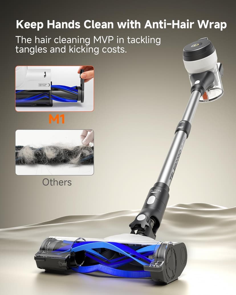 YONNDER Cordless Vacuum Cleaner, 45KPA/550W/50Mins Powerful Stick Vacuum for Home, Anti-Tangle, Self-Standing, Lightweigh, Charging Dock, Vacuum Cleaner for Hardwood Floor/Carpet/Pet Hair/Car, M1