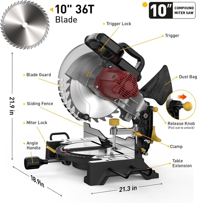 10-inch Compound Miter Saw, 5000RPM, 15 Amp, Single Bevel 0-45° with Extension Table, 36T Blade, Power Saw for Metal, Plastic, Wood, Laminates