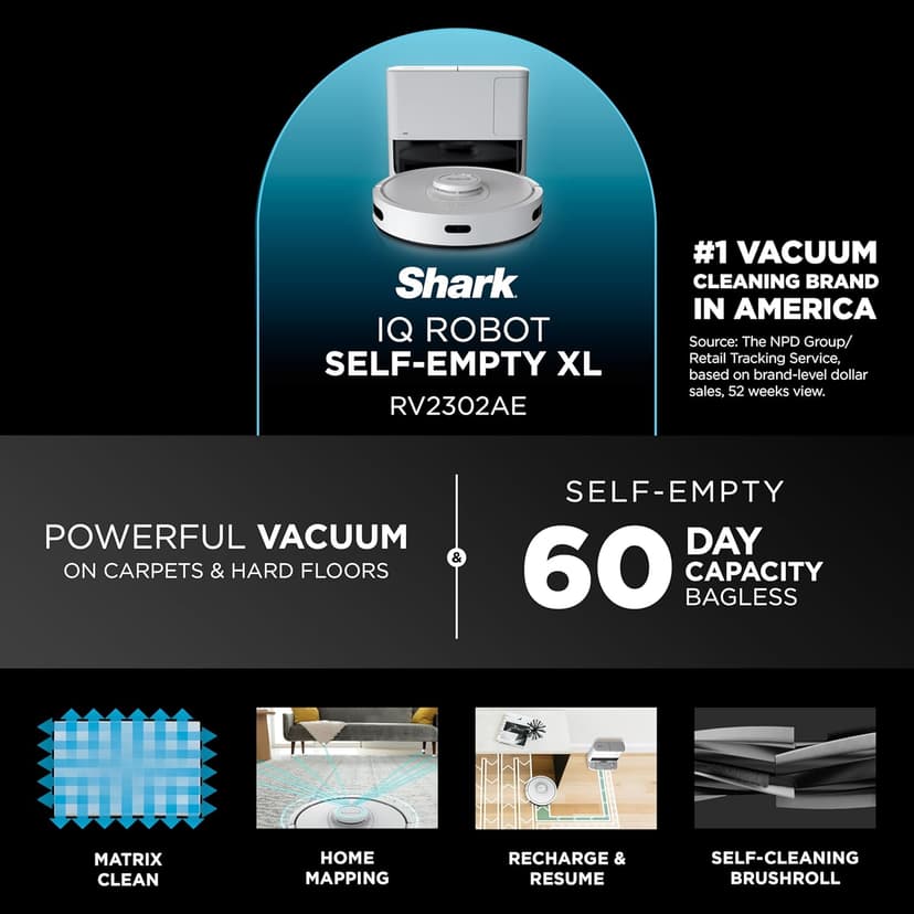 Shark IQ Robot Vacuum with Bagless Self-Empty 60 Day Capacity Base, Multi-Surface Cleaning, Powerful Suction, Pet Hair Pickup, for Carpets & Hardfloors, Home Mapping, White, RV2302AE