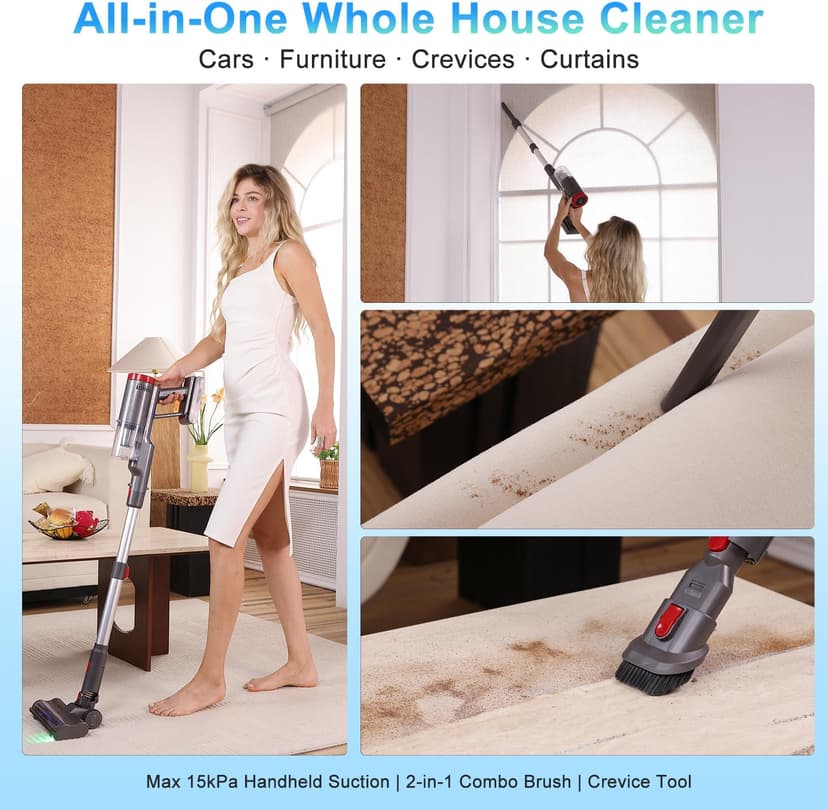 Cordless Vacuum Cleaner, 8-in-1 Powerful Stick Vacuum Cleaners For Home With 35kPa, 35Mins Runtime, 1L Dustbin, Anti-Tangle Rechargeable Self-Standing Vac For Floor Carpet Pet Hair Hardwood Tile car