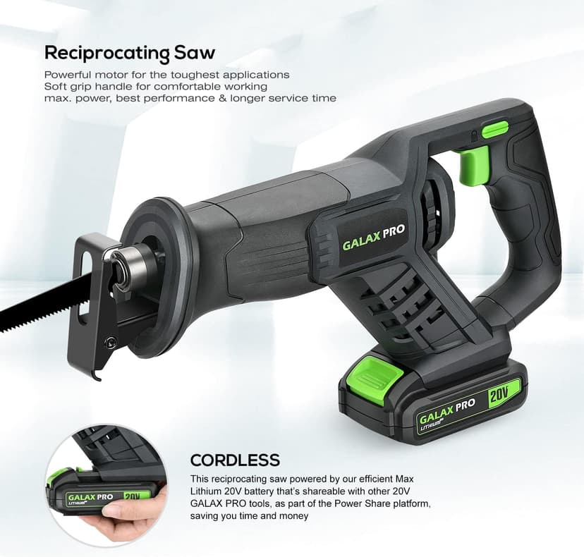 GALAX PRO Cordless Reciprocating Saw with 20V 2.0Ah battery, 0-3000RPM Variable Speed Power Reciprocating Saws with 7/8" Stroke Length,5pcs Zallsaw Blade for thin wooden board, soft metal Cutting