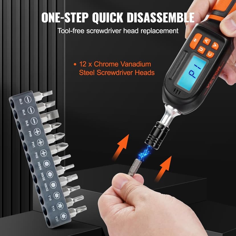 VEVOR Digital Torque Screwdriver, 1/4" Drive Screwdriver Torque Wrench, Electrician Torque Screwdriver with LCD, 2.65-70.67 in-lbs Torque Range, 0.01 N.m Increment Torque Screwdriver with Bits & Case