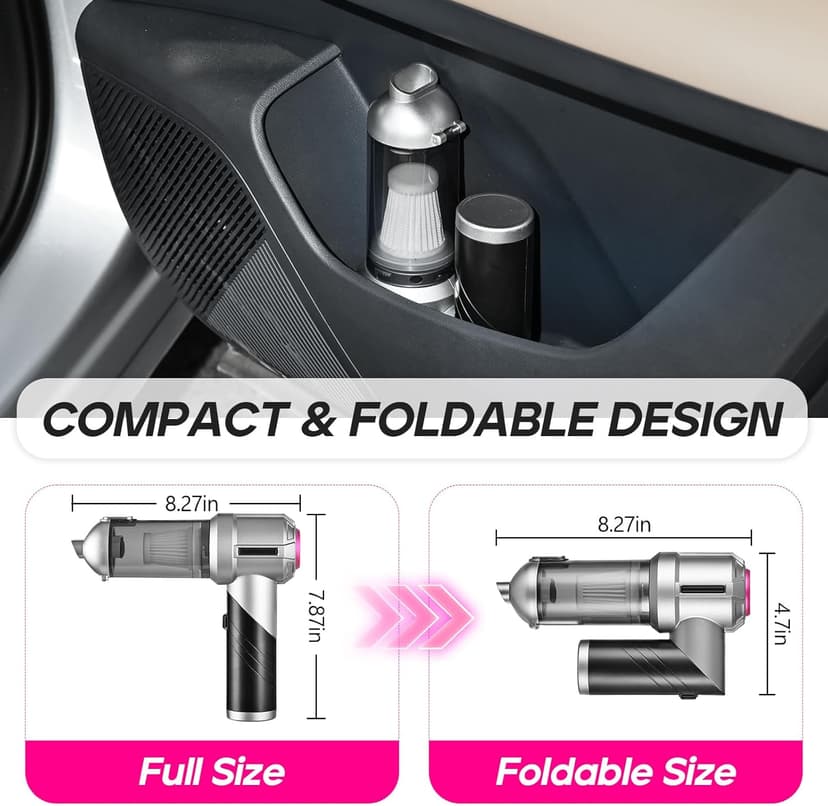PeroBuno Car Vacuum Portable Cordless, 18000PA Suction, 3-in-1 Foldable Handheld Vacuum & Air Duster with Brushless Motor, 40mins Runtime, One-Click Dust Removal for Car Home Cleaning