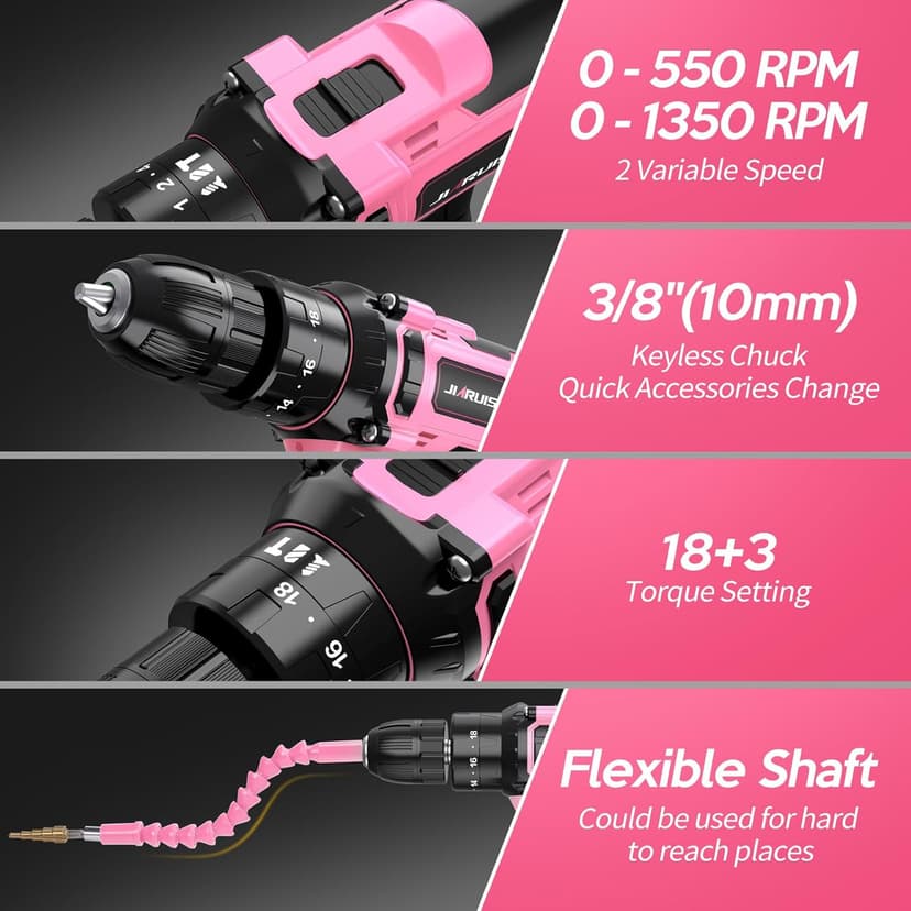 20V Cordless Drill, Electric Power Drill Set with Battery Charger, 3/8” Keyless Chuck, 2 Variable Speed, 18+3 Torque, 72pcs Driver Bits and Belt Hook, Pink