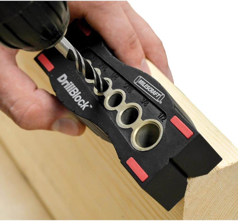 Milescraft 1312 Drill Block - Handheld Drilling Guide, Drilling Jig with Drill Guides for 6 of the Most Common Imperial Drill Bit Sizes, Precision Drilling Tool Accessory