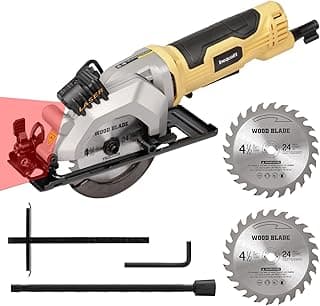 4Amp Mini Circular Saw, 3500RPM Corded Compact Saw with 4-1/2" 24T TCT Blades, Laser Guide, Rip Guide, Vacuum Adapter and Blade Wrench, Max Cutting Depth 1-11/16"(90°), 1-1/8"(45°）