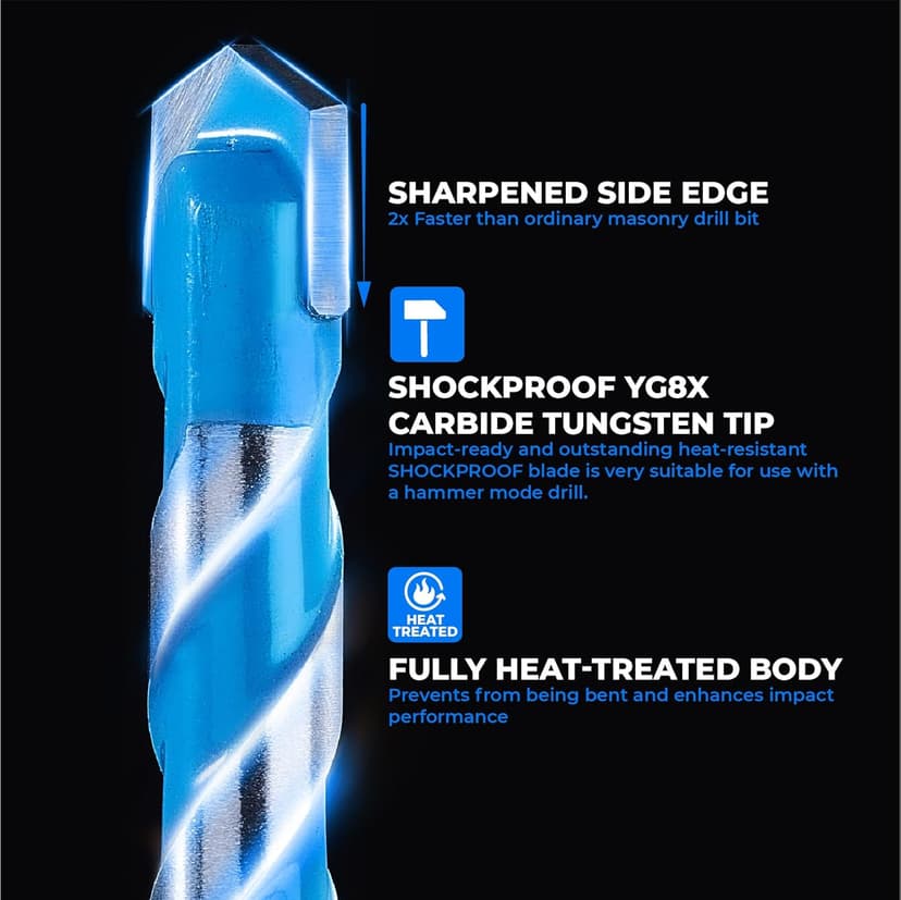 toolant Concrete Drill Bit Set & Masonry Drill Bit Set, Shockproof Hex Shank Drill Bit Set (7pcs) for Glass/Brick/Plastic/Cement/Tile, Industrial Strength Carbide Drill Bit Tip, 5/32"-3/8" Box of 7