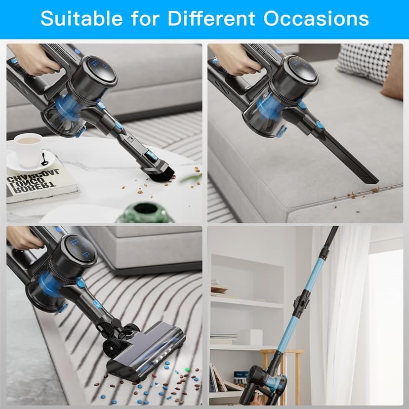 Cordless Vacuum Cleaner, 28KPA Suction Stick Vacuum with LED Headlight, 3 Modes 6-in-1 Lightweight Cordless Vacuum with 40Mins Detachable Battery Vacuum Cleaners for Home Hard Floor Carpet (Blue)