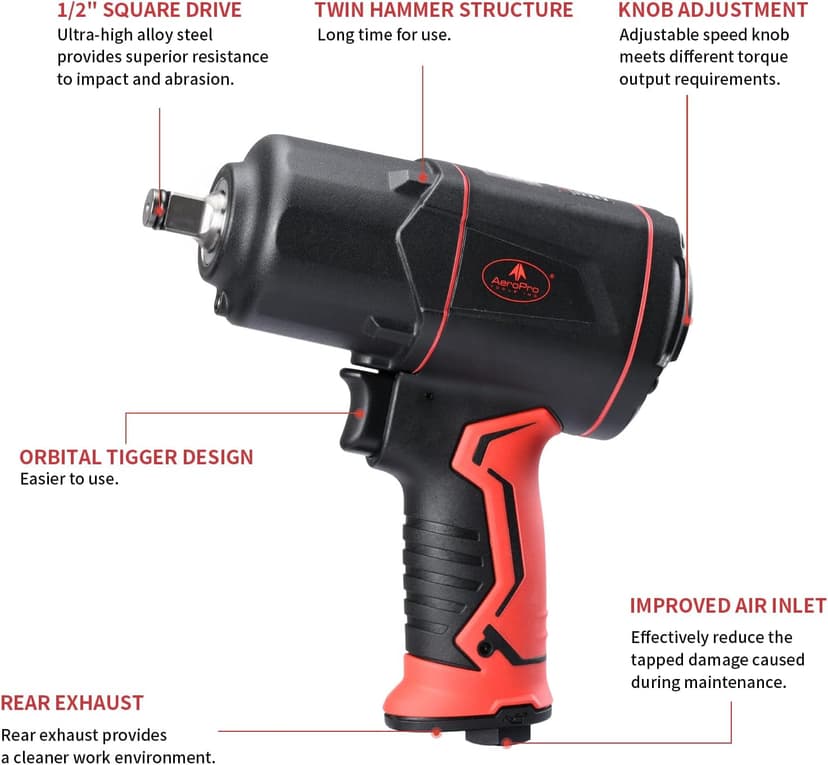 AEROPRO TOOLS 1/2-Inch Composite Air Impact Wrench(A315), Twin Hammer, 1380FT-LBS Max Loosening Torque, 8000RPM, Pneumatic Impact Gun, for Auto Repair, Tire Shop (Lightweight Housing)