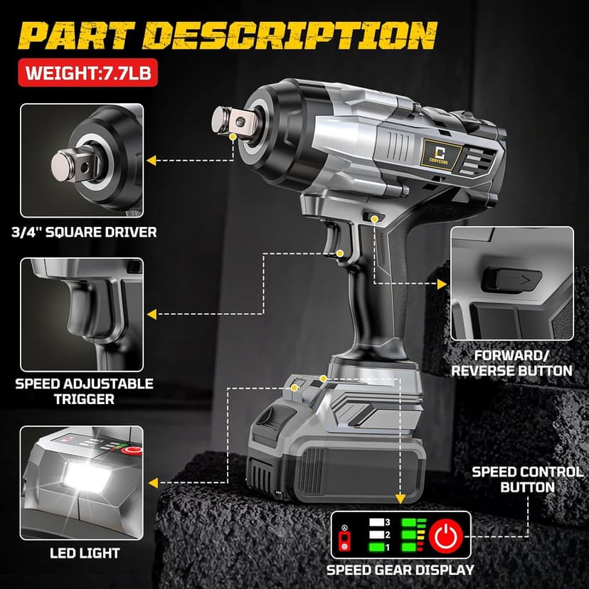 Cordless Impact Wrench 3/4 inch compatible with Dewalt 20V Battery, Cerycose1850ft-lbs (2500N.m) Brushless Electric Impact Gun, High Torque Impact Driver, Bare Tool Only, Heavy-Duty Automotive