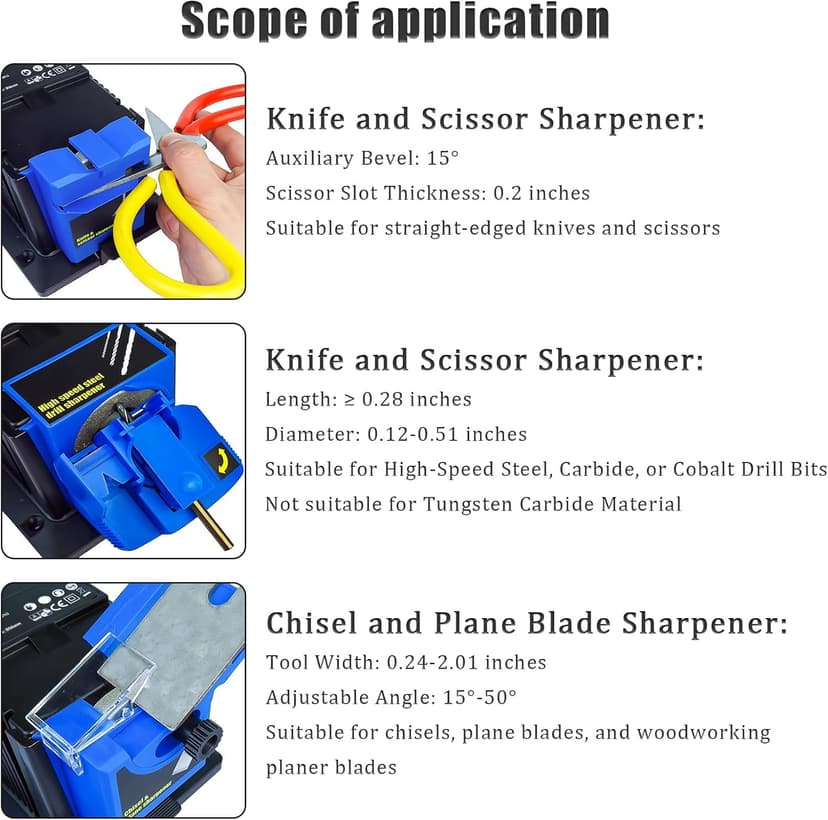 Electric Drill Bit Sharpener, 3-in-1 Multifunction Electric Sharpening Machine for Knife, drill, Chisel, Scissor, 110V, Grinder with Adjustable Angles, 96W, 1350rpm, Compact Design