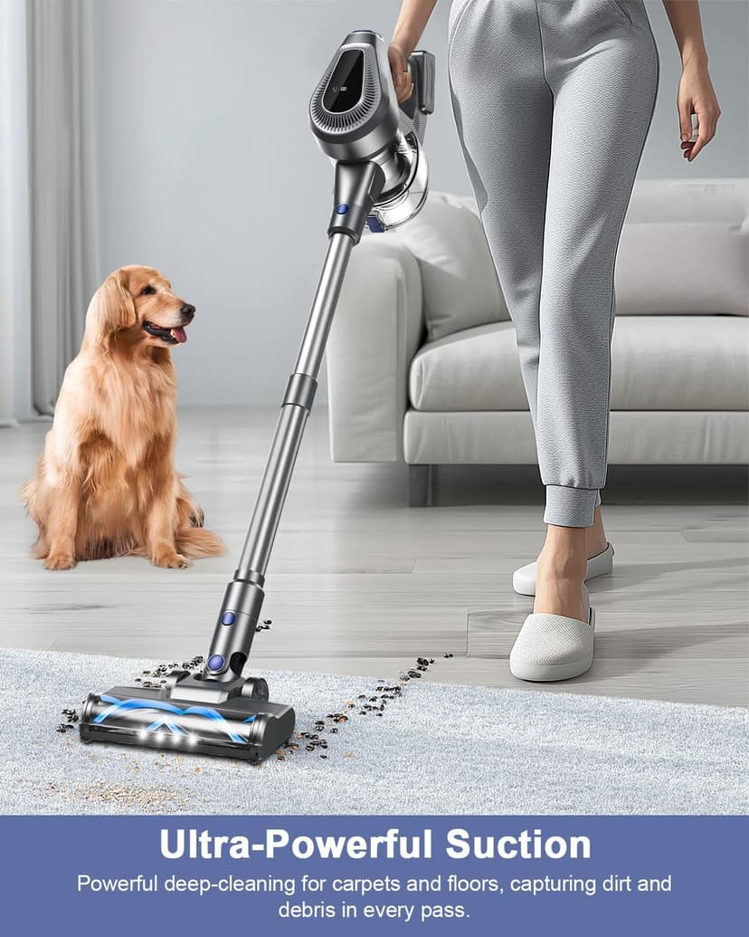 Cordless Vacuum Cleaner, Stick Vacuum Cleaners with 150AW Powerful Suction, Tangle-Free Tech for Home with LED Display for Carpet Hardwood Floor Pet Hair Car Cleaning