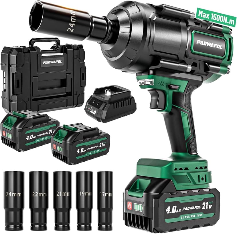 1500N.m(1106ft-lbs) Brushless Impact Wrench, High Torque 1/2" Impact Driver with 2* 21V 4.0AH Battery, Fast Charger, 5 Sockets & Storage Case, Cordless Impact Driver for Home Car Truck Tires