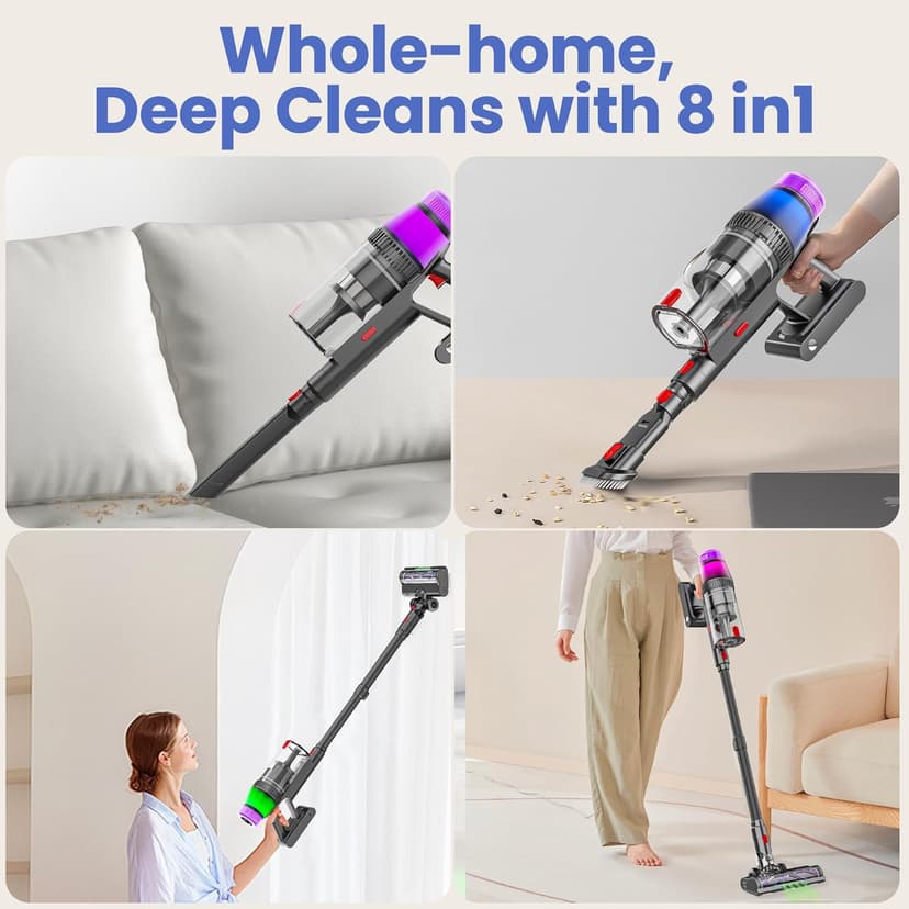Cordless Vacuum Cleaner 500W/45Kpa, 3 Ambient Colors Power Modes with 60 Mins Max Runtime Vacuum, Powerful Suction Rechargeable Handheld Stick Vacuum for Home, Hard Floor, Carpet, Pet Hair, Shutters