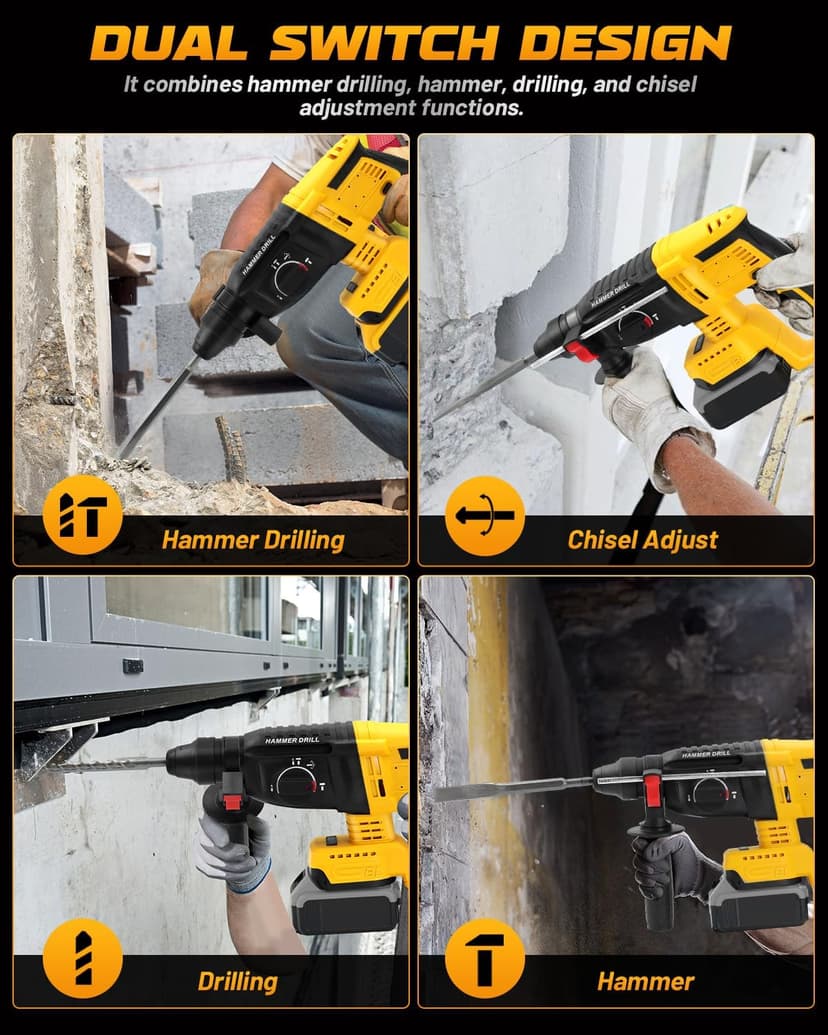 Cordless SDS Hammer Drill for Dewalt 20V MAX Battery, Brushless Rotary Hammer Drill with Safety Clutch for Concrete/Masonry (No Battery)