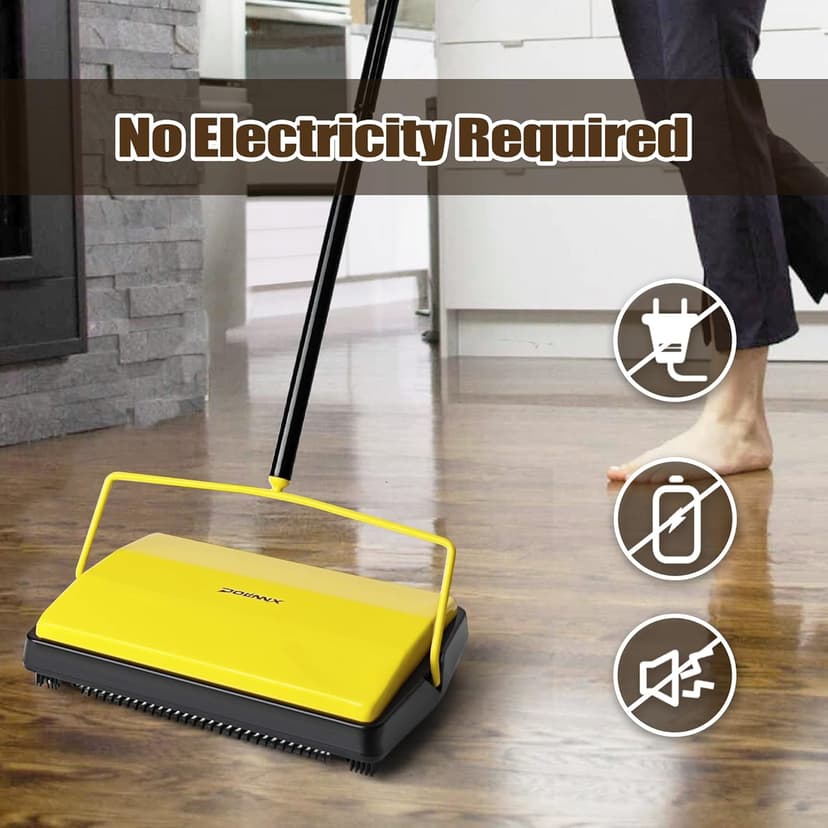 Carpet Sweeper Manual Push with Horsehair Brush, Electrostatic Floor Roller Sweeper Broom Non Electric for Pet Hair, Rug (Yellow)