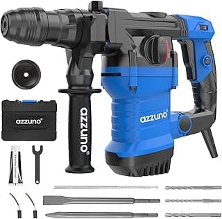 AZZUNO 1-1/4" SDS-Plus 15Amp Heavy Duty Rotary Hammer Drill, 4 Functions, for Drilling in Concrete, Brick and Stone, Includes Chisel and Drill Bits