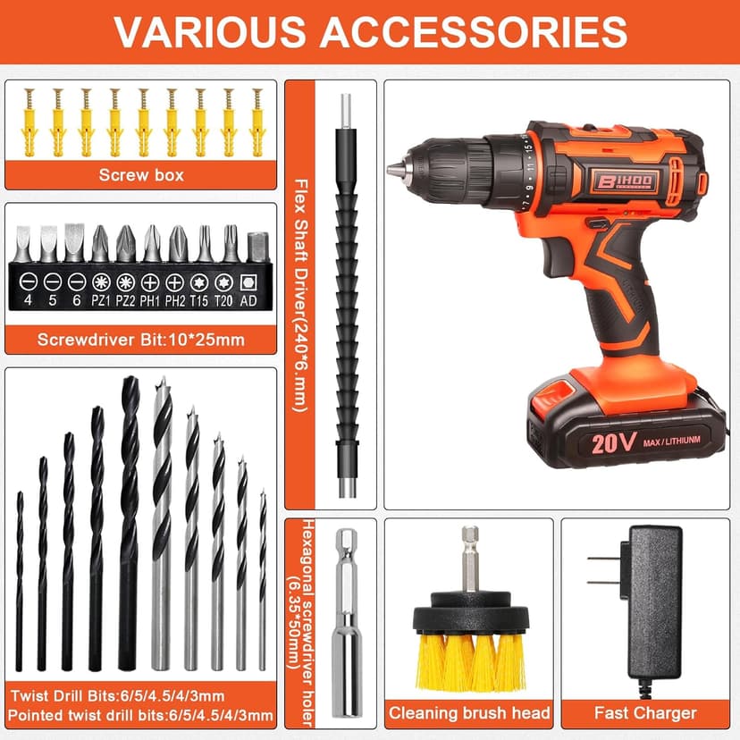 20v Drill Driver Set,Cordless Drill with Battery and Charger,LED Tools Kit,25+1 Torque Setting and 43pcs Drill Bits