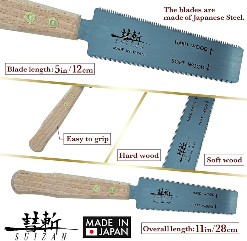 SUIZAN Flush Cut Saw 5" - Professional Japanese Pullsaw Ryoba Double Edge Handsaw Woodworking Tools