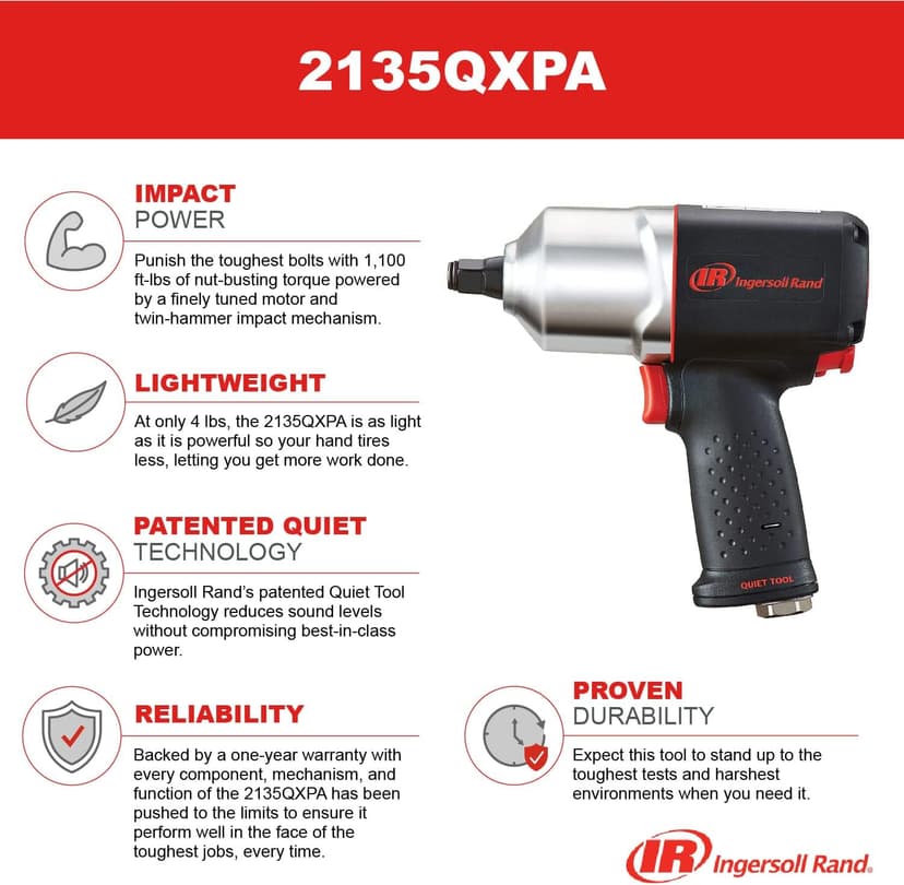 Ingersoll Rand 2135QXPA 1/2" Air Impact Wrench, Quiet, 1,100 ft-lbs Nut-Busting Torque