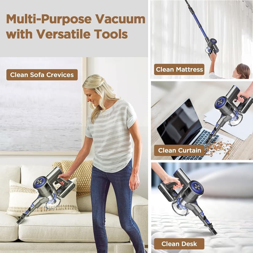 Vacuum Cleaners for Home, 80,000PRM Powerful Motor Cordless Vacuum with Removable 2200mAH Battery up to 35 Mins Worktime, 2 Adjustable Modes and Detachable Parts Stick Vacuum (Sandy Blue)