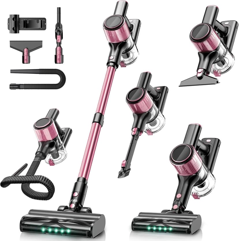 Cordless Vacuum Cleaner, 10-in-1 Vacuum Cleaners for Home with 28.75 in Hose, LED Display, Anti-Tangle Brush, Lightweight Stick Vacuums for Carpet, Pet Hair, Hardwood Floors, Dryer (Pink)