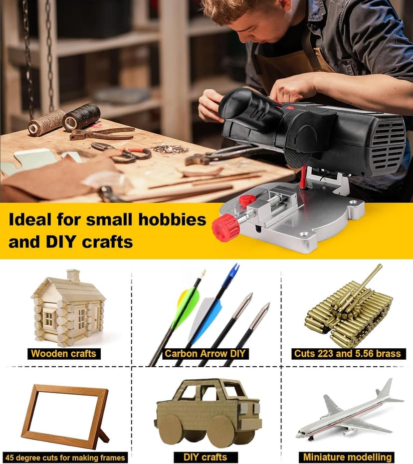Mini Miter Cut-Off Chop Saw for Metal Cutting, Arrow Shafts, Wood Crafts, Hobby Miniature Model Making, Small Electric Table Saw Tool, 223/5.56 Brass, Cuts Max. 1/2" High x 1/2" Wide