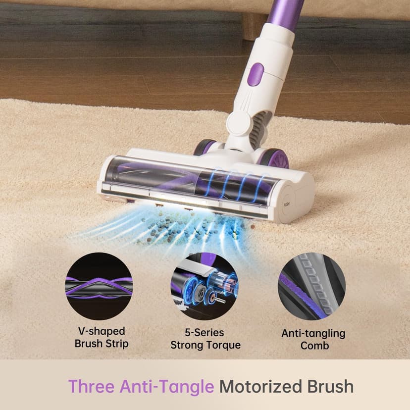 FABULETTA Cordless Vacuum Cleaner for Home, 500W Lightweight Vacuum Cleaner with MAX 50 Min Detachable Battery, Brushless Motor, 6 in 1 Stick Vacuum for Hardwood Floors and Carpet Pet Hair Car（Purple）