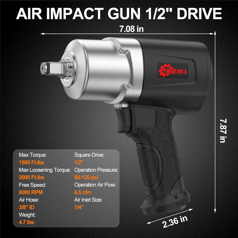 Air Impact Wrench 1/2" - 1/2 Inch Impact Gun 1/2 Drive, 1500Ft-lbs, 8000RPM High Torque Impact Wrench, Weight 4.74 lb, 1/2 Air Impact Gun for Auto Repair, Tire Shop