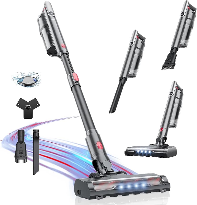 Cordless Vacuum Cleaner 45Kpa Brushless Motor Vacuum Cleaners for Home, Lightweight Stick Vacuum with LED Floor Brush, Rechargeable Cordless Vacuum for Pet Hair Carpet Hardwood Floor