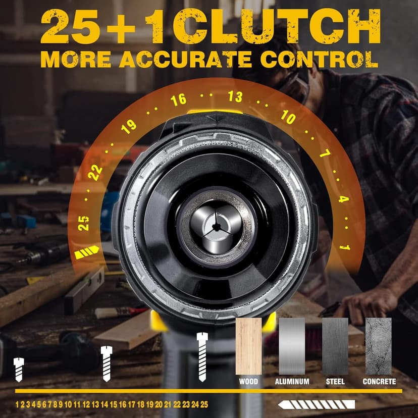 RIDA Cordless Drill Power Drill Cordless 20V 1/2'' Keyless Metal Chuck 355 In-lb(40N.m) Torque with 2.0AH Li-ion Battery & Fast Charger, Variable Speed, 25+1 Position and 22pcs Bits