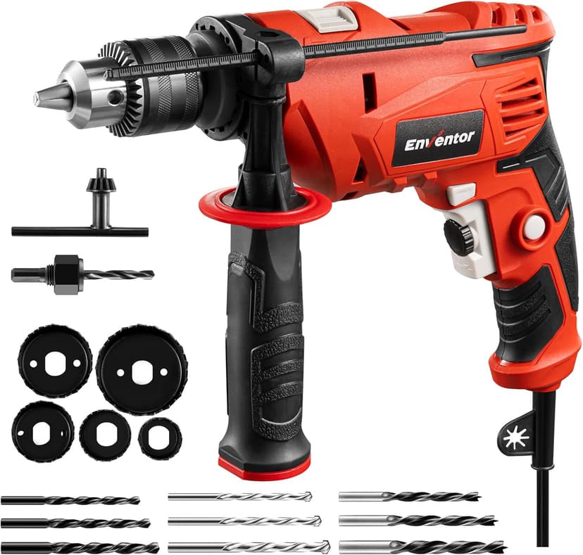 Enventor 7.5 Amp Hammer Drill, 1/2 Inch Electric Drill Hammer, 900W 0-3000RPM Variable Speed, 360° Auxiliary Handle, Lightweight Corded Hammer & Drill 2 in 1 Functions with 9pcs Bit for Metal, Wood