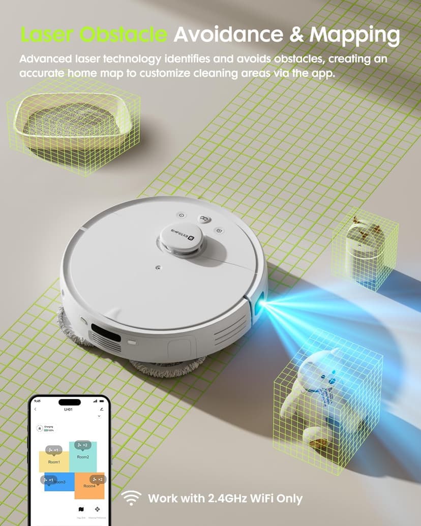 V5 Robot Vacuum and Mop, Self-Emptying Robotic Vacuum Cleaner, 8500Pa Suction, Pet Hair Tangle Cutter, Laser Navigation, Cat Laser, Carpet Detection, Ideal for Hard Floor, Tile, and Carpet