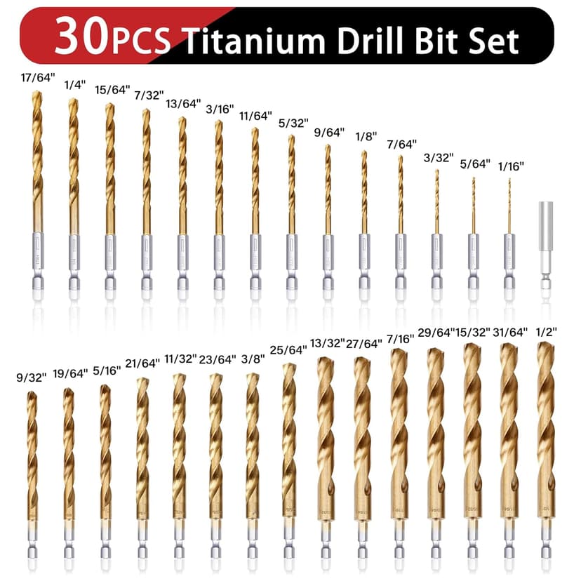 30 PCS Titanium Impact Drill Bit Set, Hex Shank Drill Bit Set for Wood, Steel, Metal, and Plastic with Quick Change Design, HSS Titanium Twist Drill Bit with Storage Case, 5/64" to 1/2"