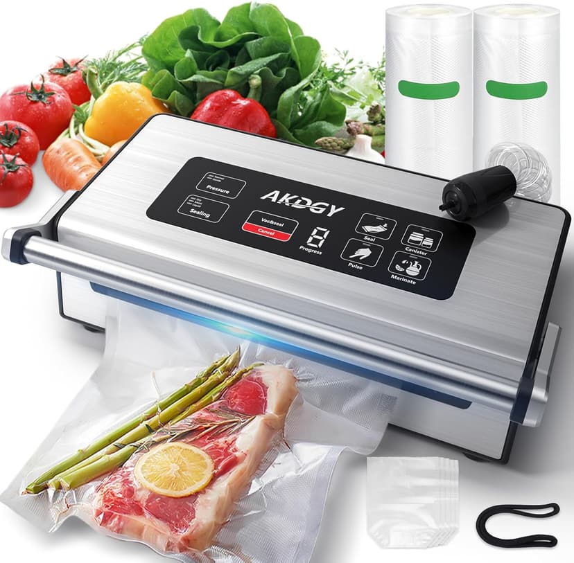 90Kpa Food Vacuum Sealer, Stainless Steel Vacuum Sealer Machine for Food with Double Heat Seal & Double Pump, Food Sealer Dry/Moist/Liquid Modes, Roll Storage and Cutter, Easy-Lock Handle and Clean