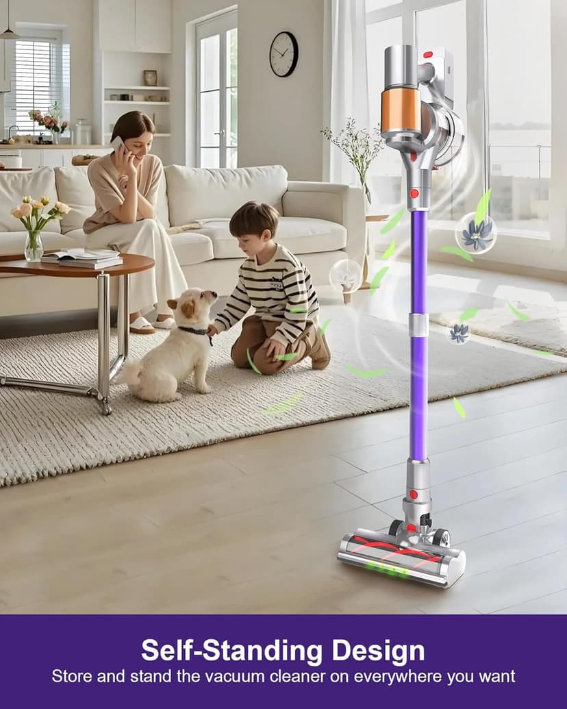 Cordless Vacuum Cleaner, 2 Batteries 120 Mins Runtime, 550W 45KPA Stick Vacuum with Self-Standing, Tangle-Free Brush, LED Display, Vacuum Cleaner for Home Hardwood Floor, Carpet, Pet Hair