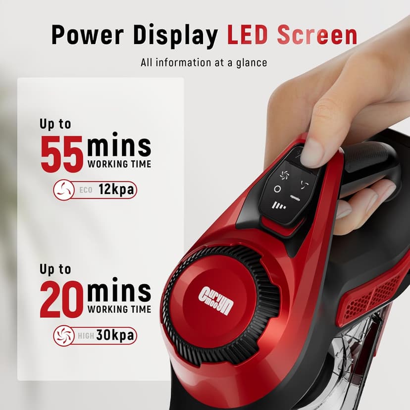 Cordless Vacuum Cleaner, 30Kpa Home Stick Vacuum, Smart Display & 1.5L Dust Cup, 55mins Max Runtime, Rechargeable Lightweight Handheld Vavuum for Pet Hair/Carpet/Hardwood Floor/Car (Metallic Red)