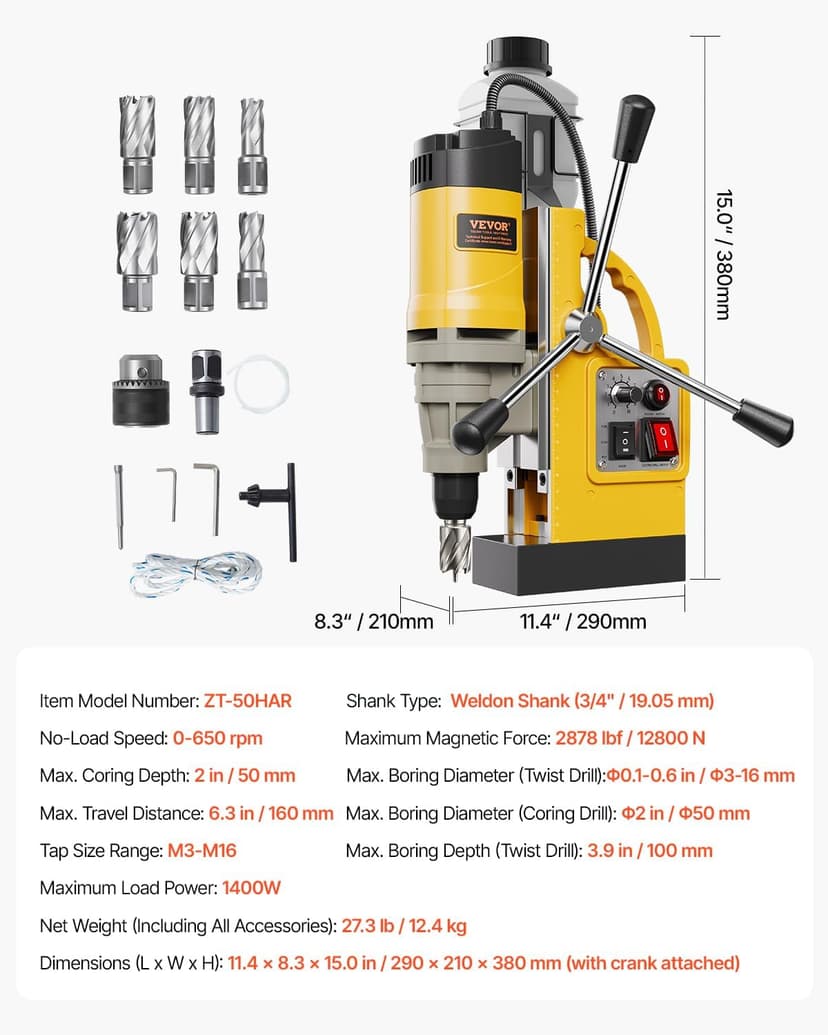 VEVOR Magnetic Drill, 1450W Motor 2 in Boring Diameter, 2878 lbf Electric Mag Drill Press, with 6 Coring Bits, Variable Speed, Drilling Machine for Metal Surface, Home Improvement Industry, Yellow