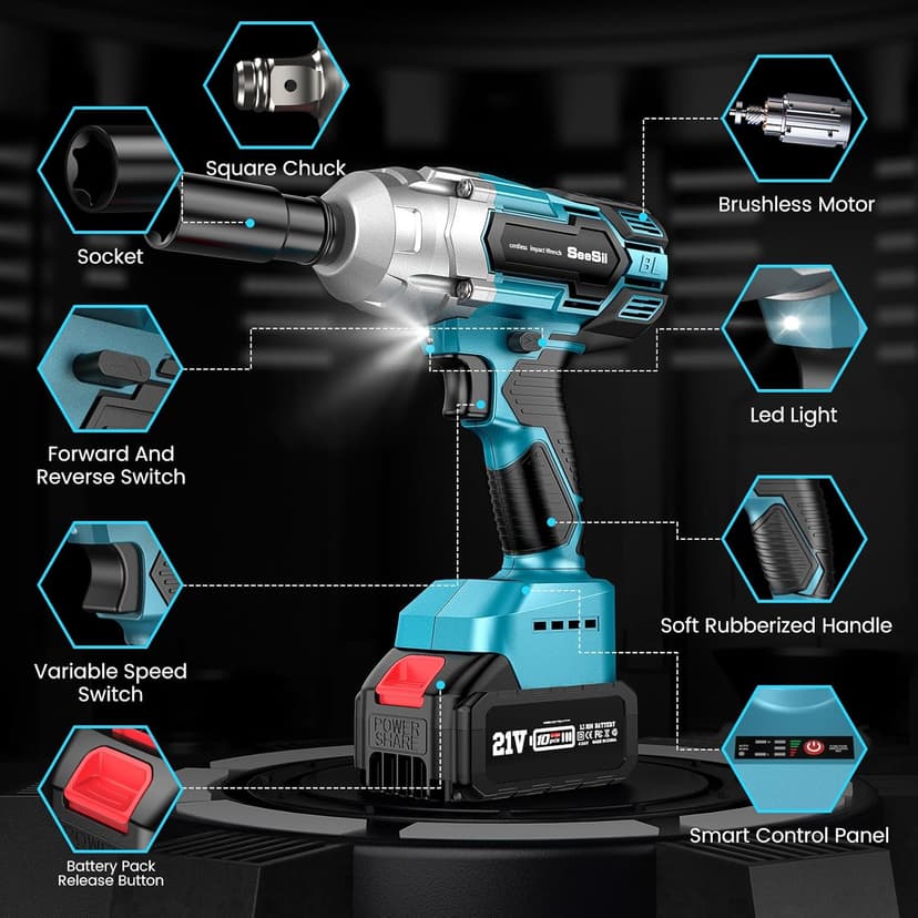 Seesii Cordless Impact Wrench 1/2 inch, High Torque 479 Ft-lbs(650Nm) Brushless Impact Gun,2500RPM w/2x4.0 Battery, 6 Sockets,8 Drill Bits, High Torque Power Impact Driver for Car Home,WH700