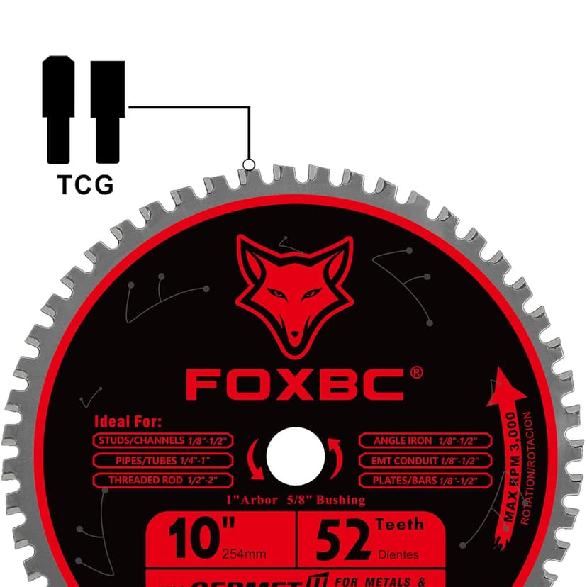 FOXBC 10 Inch Metal Steel Cutting Saw Blade 52 Teeth, 1" Arbor with 5/8" Bushing, Cermet Carbide Up to 5X Longer Life