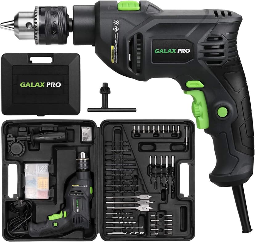 GALAX PRO 5Amp 1/2-inch Hammer Drill with 105pcs Accessories, Variable Speed 0-3000, Hammer and Drill 2 Functions in 1, 360°Rotating Handle, Depth Gauge, Carrying Case Included