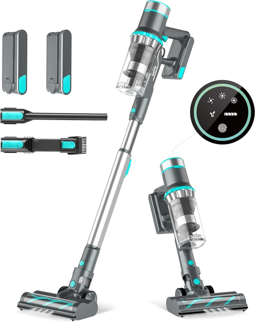 Belife BVC11 Cordless Vacuum Cleaner, 2 Detachable Battery, Max 80mins Runtime, 25Kpa 380W Brushless Stick Vacuum, Lightweight Vacuum for Home Hardwood Floor Carpet Pet Hair, LED Touch Display