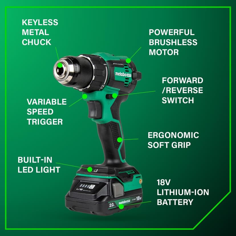 Metabo HPT 18V MultiVolt Cordless Brushless Driver Drill & Impact Driver Combo Kit, Power Tool Kit, 2 Lithium-Ion Metabo HPT Batteries and Charger, High Torque, Compact Lightweight Design, KC18DEXQB