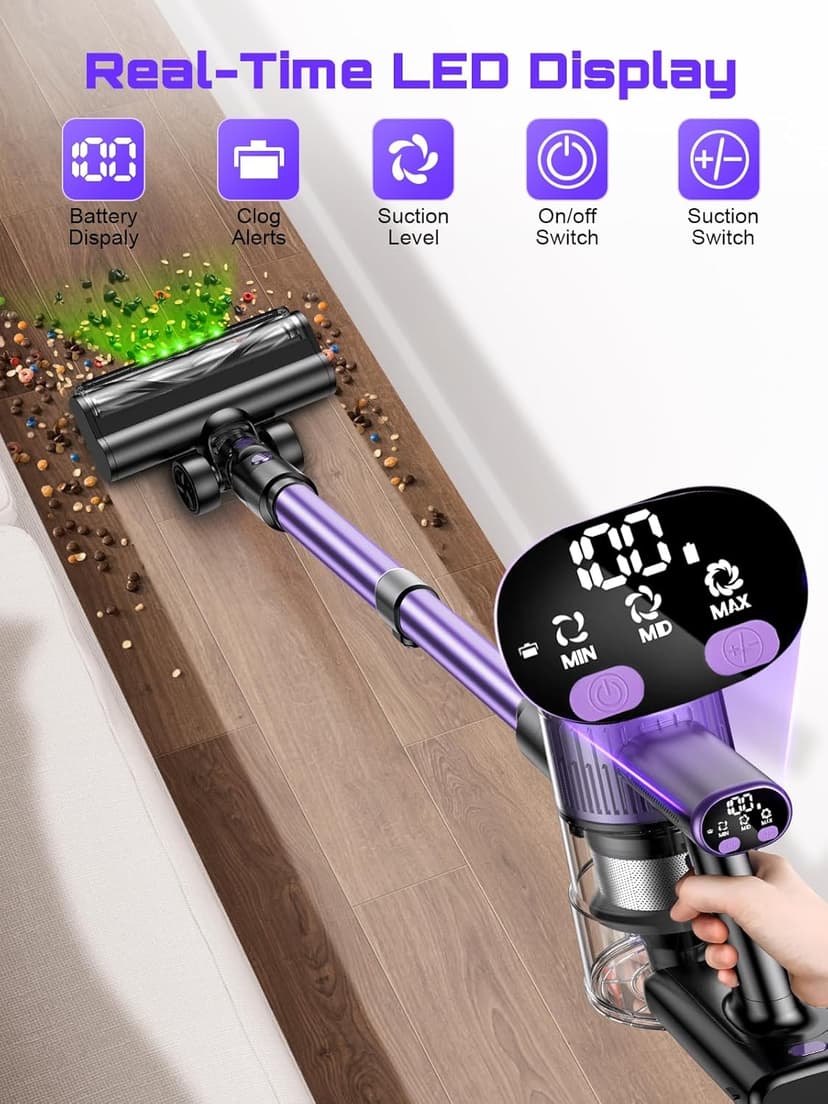 Cordless Vacuum Cleaner, 10 in 1 Stick Vacuum with Powerful Suction, Hose, Green LED Light, Anti-Tangle Brush, Lightweight Rechargeable Vacuum Cleaner for Home, Hardwood Floors, Carpets