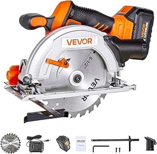 VEVOR Cordless Circular Saw, 6-1/2 inch Blade, 4700 RPM Speed, 0-45 Degree Bevel Capability, Brushless Motor, LED Light, Electric Circular Saw Kit with Battery and Charger Included, for Wood Cutting