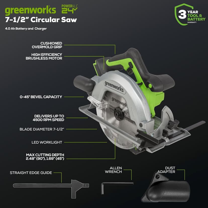 Greenworks 24V 7-1/4'' Circular Saw Brushless Cordless, with 4Ah Battery and 2A Charger