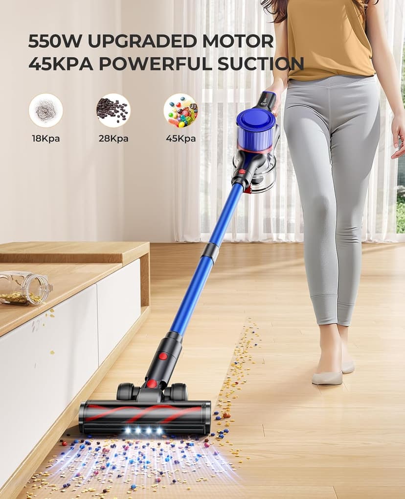 Cordless Vacuum Cleaner, 45Kpa 550W 60Mins Vacuum Cleaners for Home, Self-Standing Stick Vacuum Cleaner with Wall Mount Charging, Scented Card, for Furniture, Carpet, Pet Hair, Hard Floor