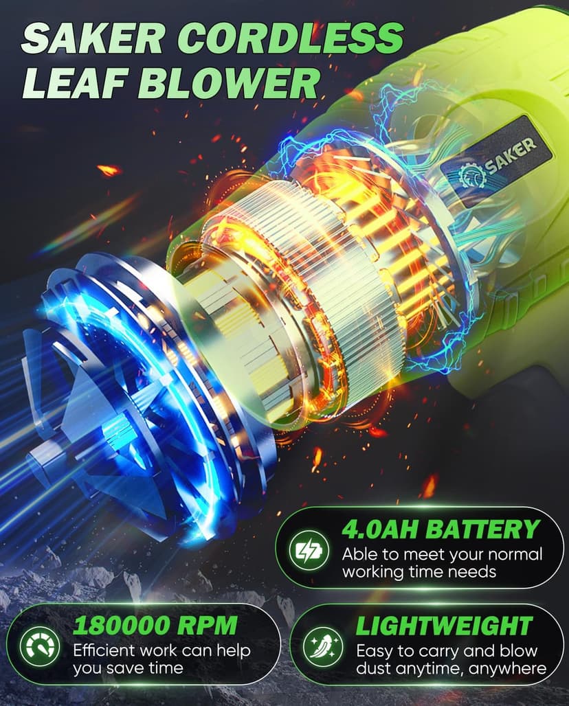 Saker Cordless Leaf Blower Handheld Turbo Jet Blower Portable Dust Cleaner 180000 RPM with Adjustable Speed for Drying Patio Cleaning Camping 2 Batteries Green with Case